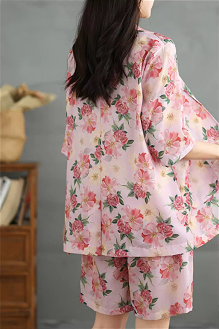 Summer Pink Floral Print Linen Two-Piece Suit for Women Vintage Loose-Fit Blazer and Shorts Set