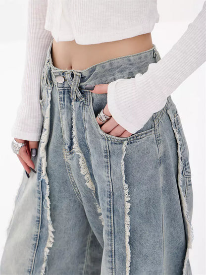 Pantalones vaqueros anchos con dobladillo sin rematar para mujer: pantalones holgados de pierna recta