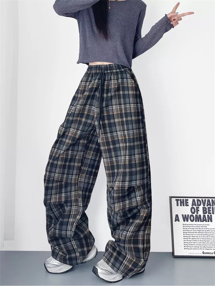 Pantalones anchos a cuadros con cintura alta y elegantes tallas grandes para mujer