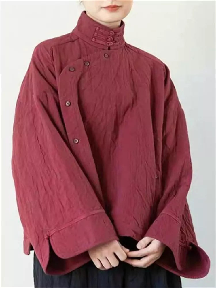 Nueva blusa con botones de rana roja estilo chino para mujer