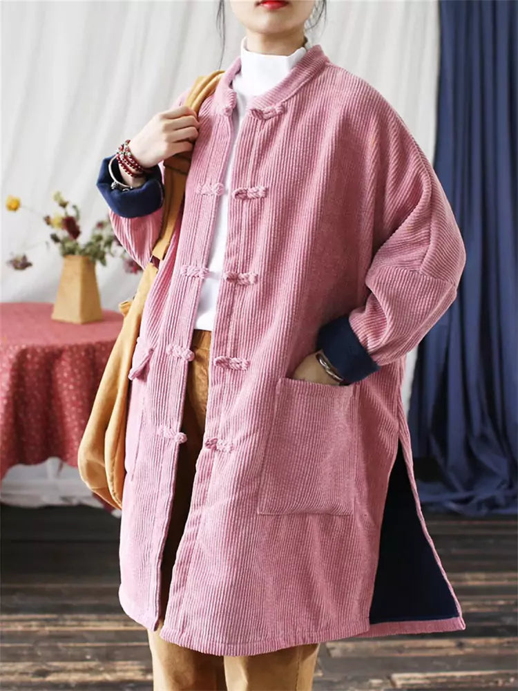 Women's  Grey Retro Cotton Linen Corduroy Padded Coat with Chinese Knot Button