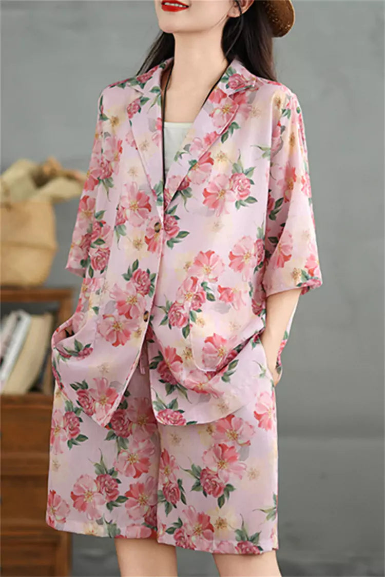 Summer Pink Floral Print Linen Two-Piece Suit for Women Vintage Loose-Fit Blazer and Shorts Set