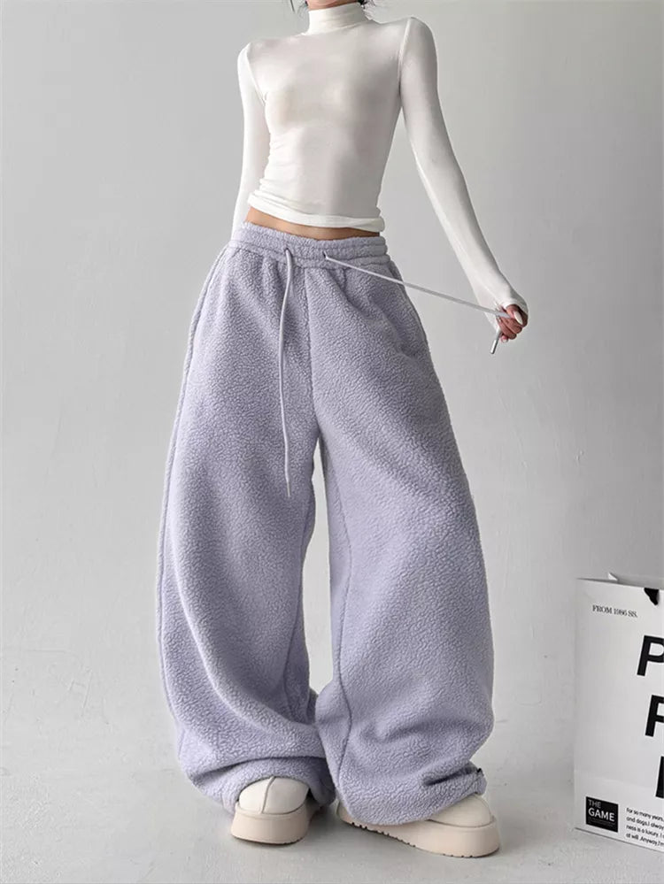 Pantalones anchos de sherpa sintética para mujer - Pantalones deportivos holgados y acogedores de felpa de peluche