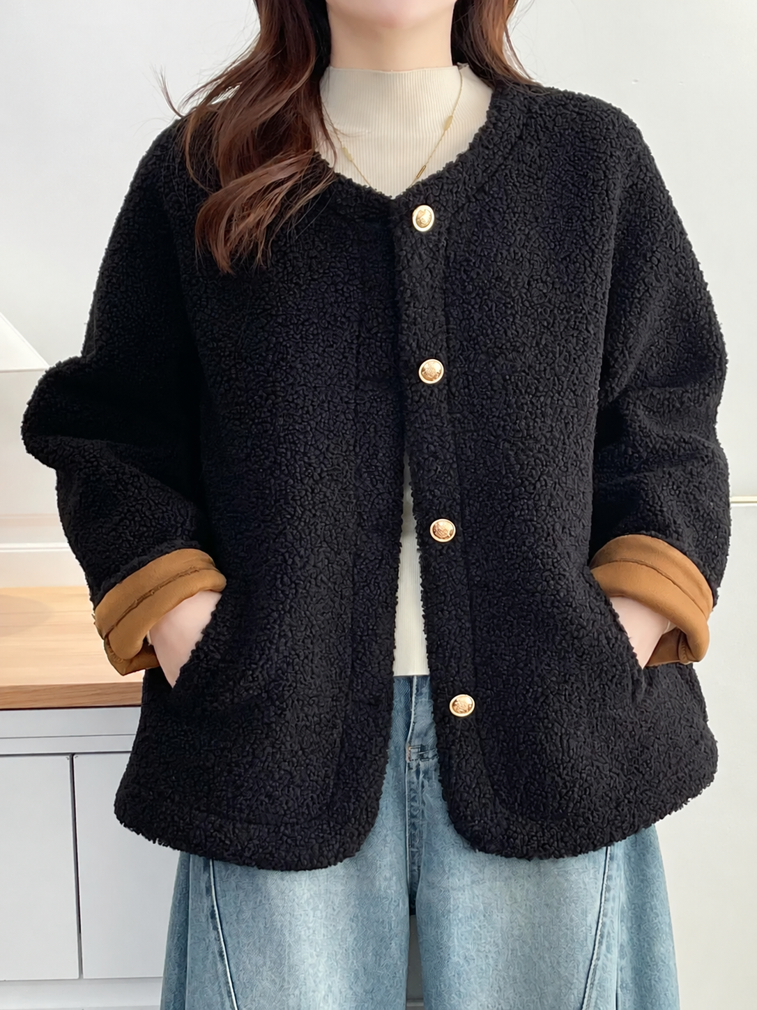 Textured Fleece Jacket with Contrast Cuffs and Gold Buttons