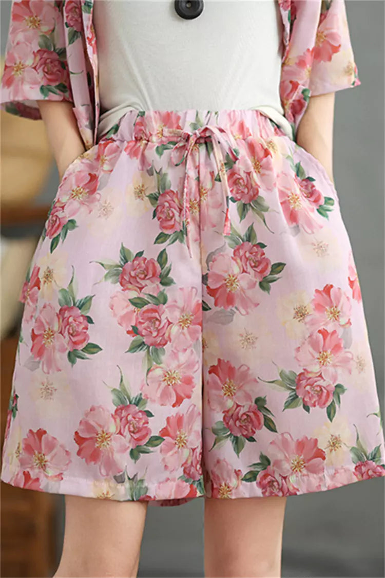 Summer Pink Floral Print Linen Two-Piece Suit for Women Vintage Loose-Fit Blazer and Shorts Set