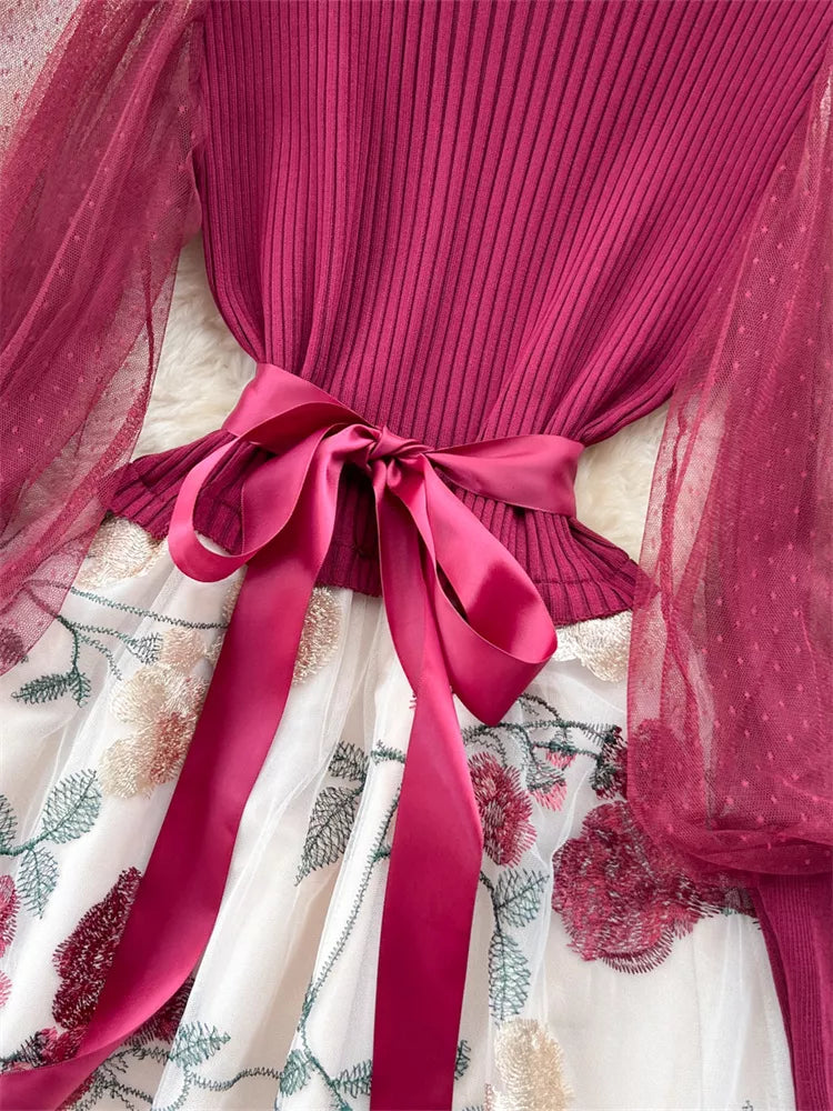 Elegant French Style Knitted Spliced Floral Mesh Dress