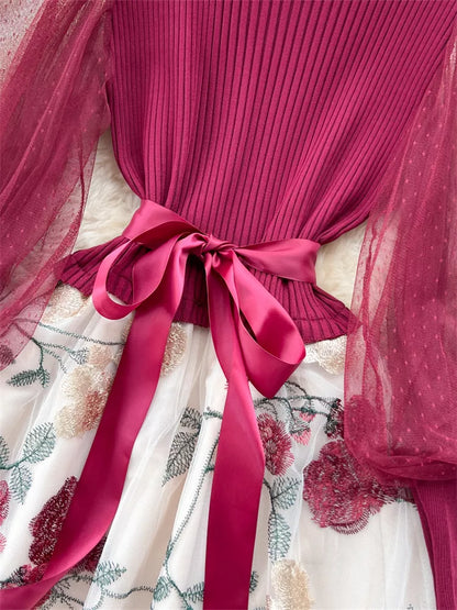 Elegant French Style Knitted Spliced Floral Mesh Dress