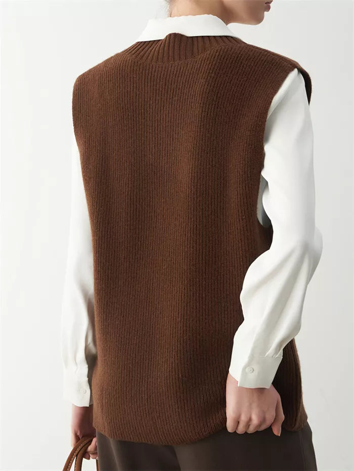 Women's Dark Brown Wool V-Neck Knit Vest Loose Sleeveless Pullover Sweater