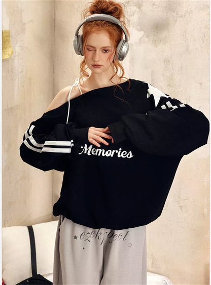 Vintage Star One-Shoulder Letter Print Slouchy Sweatshirt