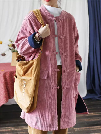 Damen-Pinker Retro-Mantel aus Baumwoll-Leinen-Cord mit Steppung und chinesischen Knotenknöpfen