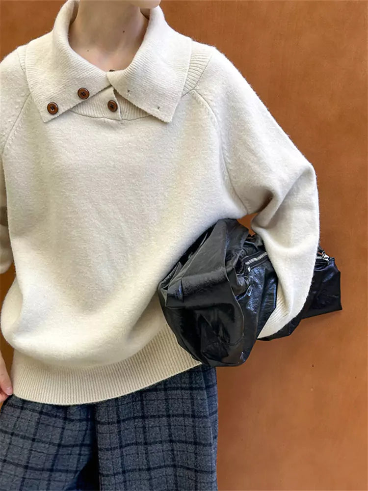 Weißer, einfarbiger Strickpullover im koreanischen Stil mit Kragen und Design