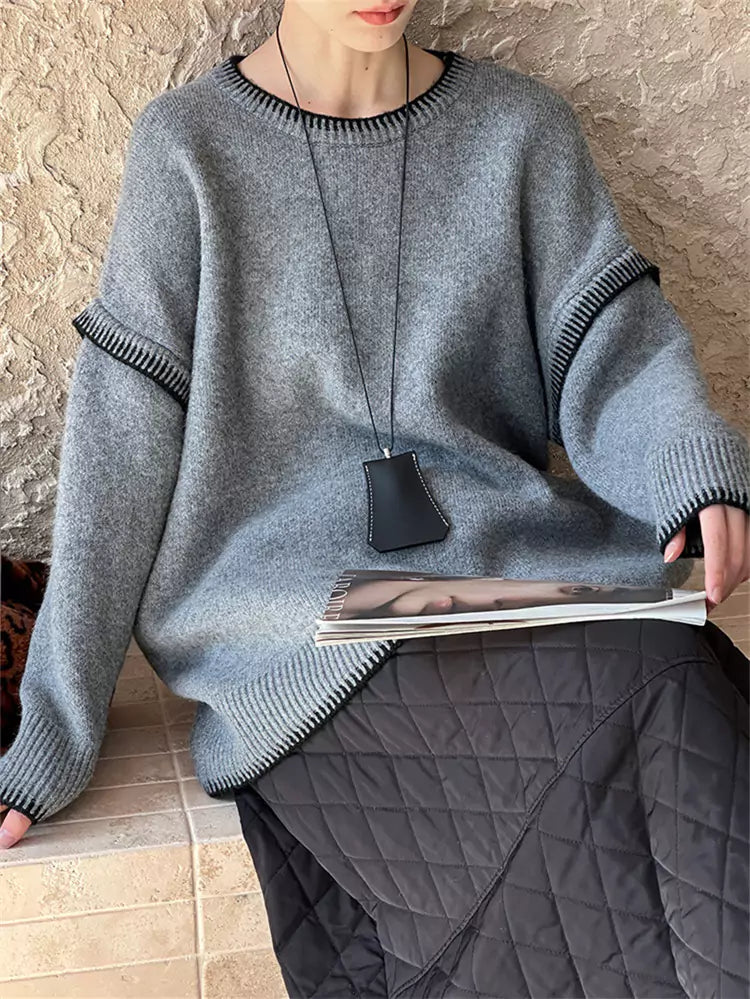 Koreanischer minimalistischer, handgenähter Strickpullover mit Rundhalsausschnitt