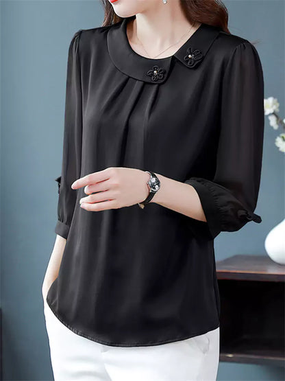 Blusa de seda morera de verano con cuello Peter Pan y mangas 3/4 para mujer