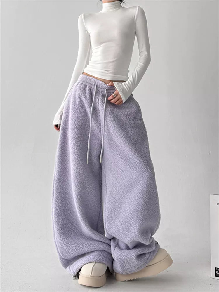 Pantalones anchos de sherpa sintética para mujer - Pantalones deportivos holgados y acogedores de felpa de peluche