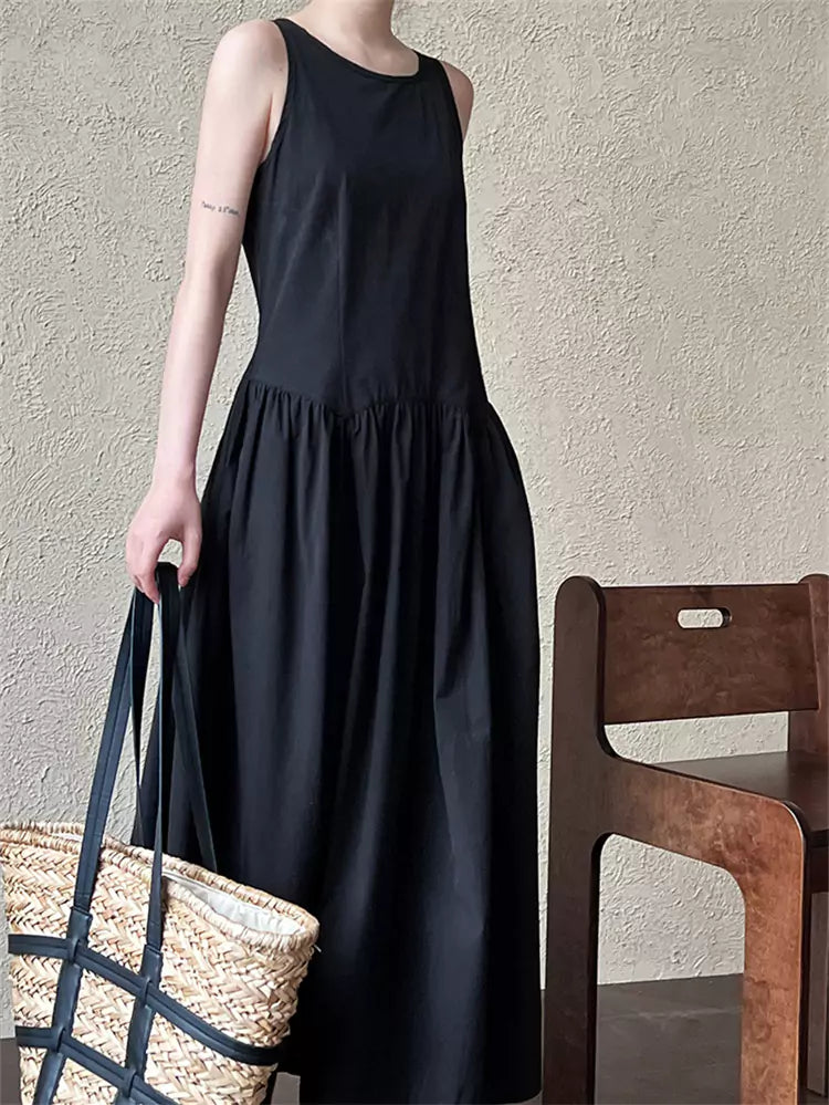 Black Minimalist Chic Pleated Tank A-line Maxi Dress