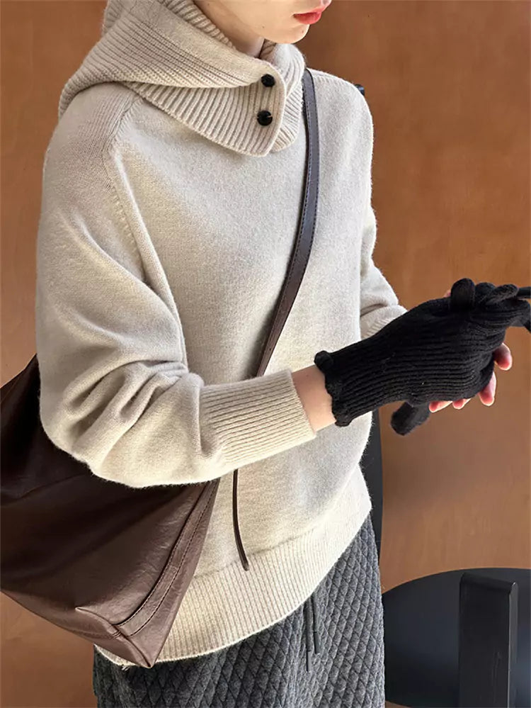 Gelber Damen-Strickpullover mit abnehmbarer Kapuze und Rundhalsausschnitt mit Design