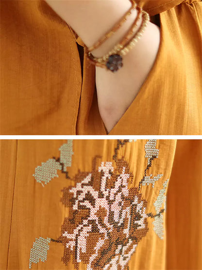 Conjunto de dos piezas de lino y algodón bordado vintage para mujer: blusa holgada y pantalones anchos.