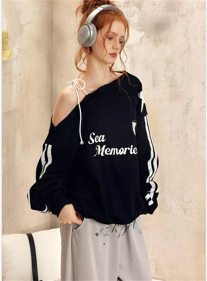 Vintage Star One-Shoulder Letter Print Slouchy Sweatshirt
