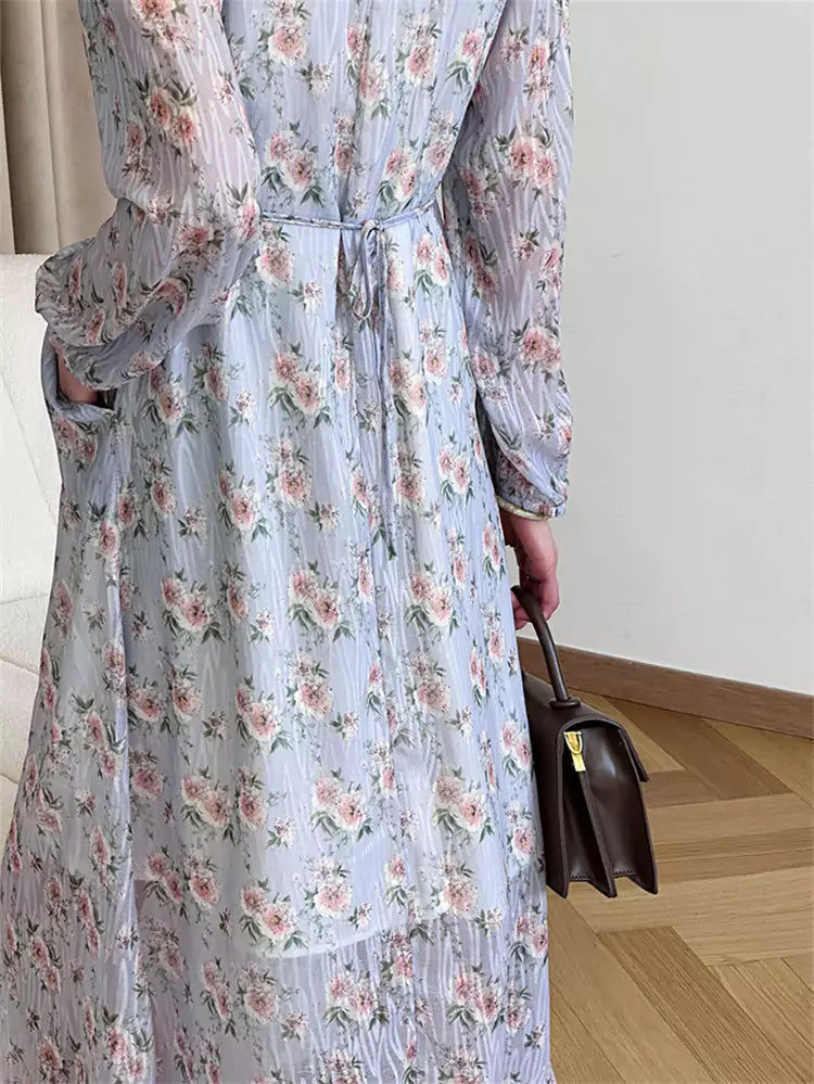 Women's Relaxed Fit Cinched Waist V-Neck Floral Maxi Dress