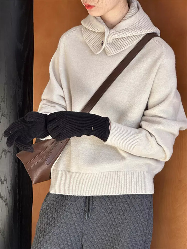 Gelber Damen-Strickpullover mit abnehmbarer Kapuze und Rundhalsausschnitt mit Design