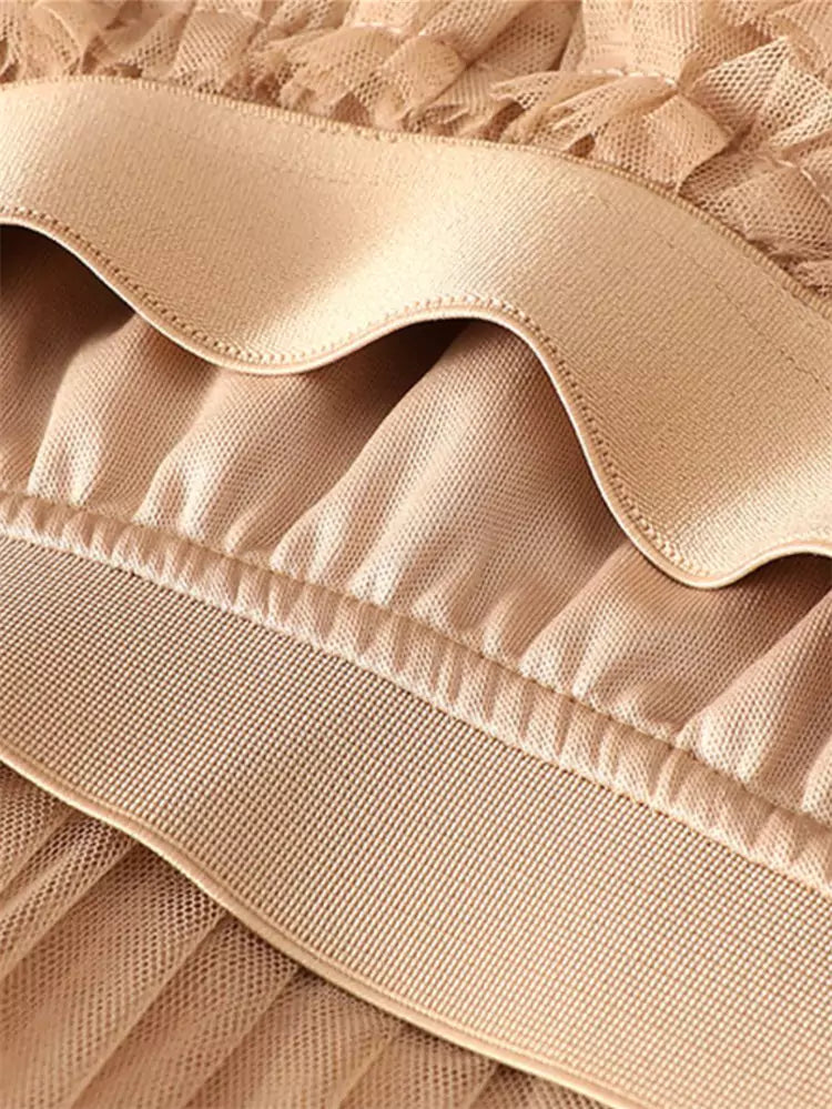 Eleganter, aprikosenfarbener, hochwertiger, mehrlagiger A-Linien-Rock aus Mesh für Damen