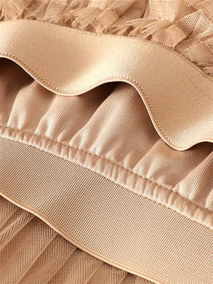 Eleganter, aprikosenfarbener, hochwertiger, mehrlagiger A-Linien-Rock aus Mesh für Damen