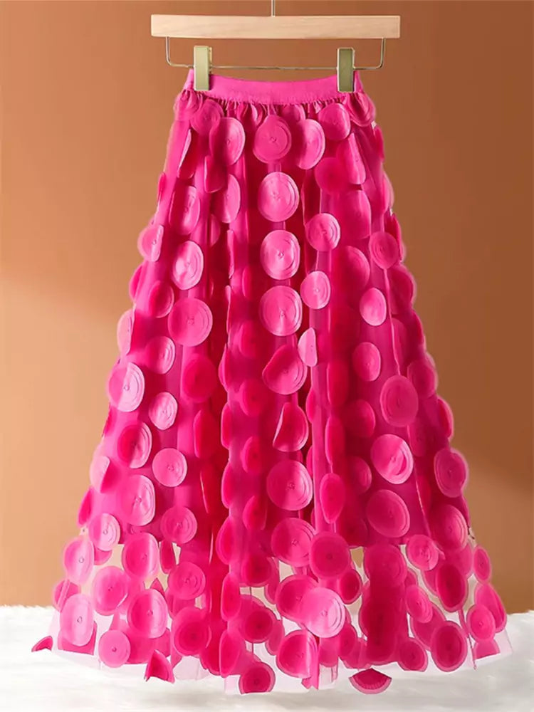 Stylish Women's High Waist 3D Floral Mesh  A-line Midi Skirt