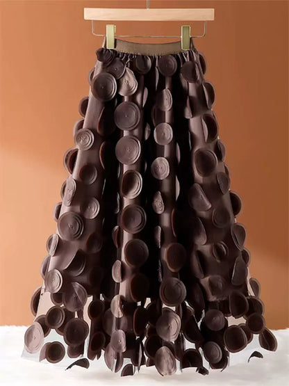 Stilvoller Damen-Midirock in A-Linie mit hohem Bund, 3D-Blumenmuster und Mesh-Einsätzen.