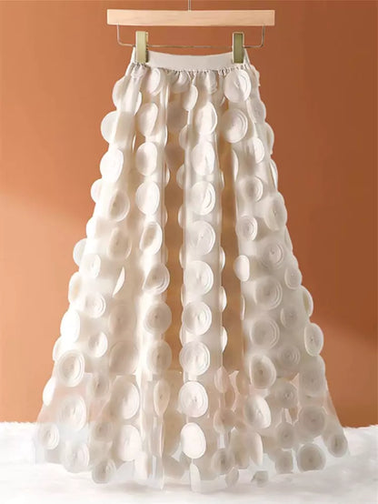 Stilvoller Damen-Midirock in A-Linie mit hohem Bund, 3D-Blumenmuster und Mesh-Einsätzen.