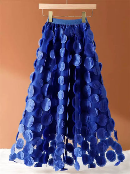 Stilvoller Damen-Midirock in A-Linie mit hohem Bund, 3D-Blumenmuster und Mesh-Einsätzen.