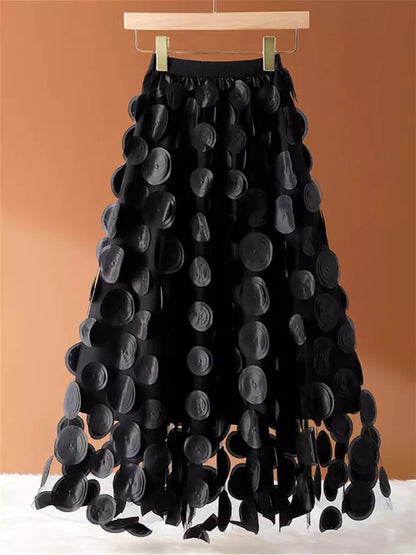 Stilvoller Damen-Midirock in A-Linie mit hohem Bund, 3D-Blumenmuster und Mesh-Einsätzen.