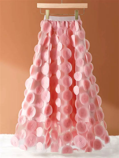 Stilvoller Damen-Midirock in A-Linie mit hohem Bund, 3D-Blumenmuster und Mesh-Einsätzen.