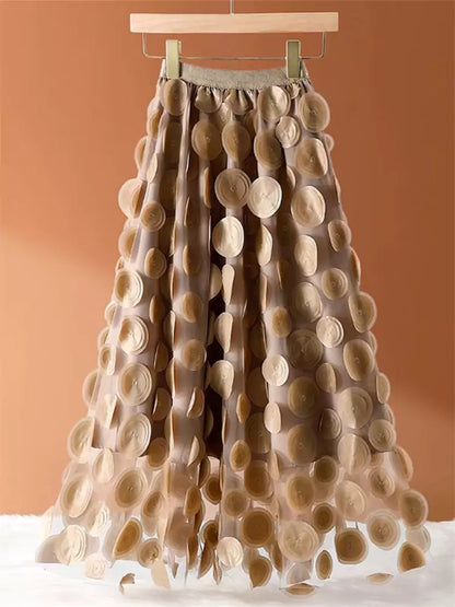 Stilvoller Damen-Midirock in A-Linie mit hohem Bund, 3D-Blumenmuster und Mesh-Einsätzen.