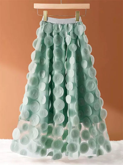 Stilvoller Damen-Midirock in A-Linie mit hohem Bund, 3D-Blumenmuster und Mesh-Einsätzen.