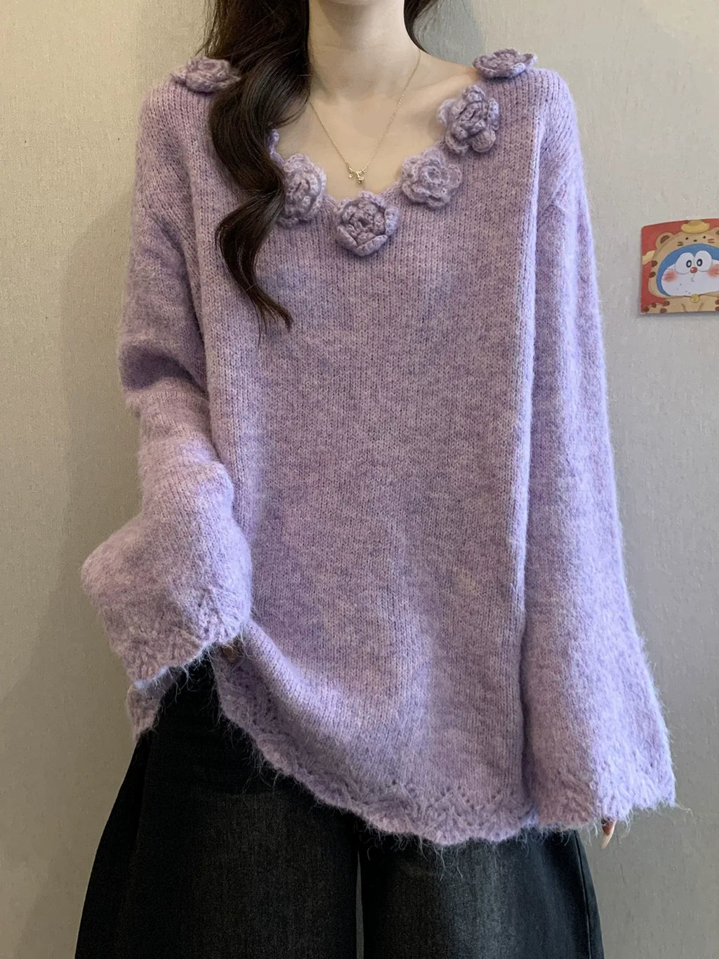 3D Flower Applique V-Neck Soft Knit Sweater