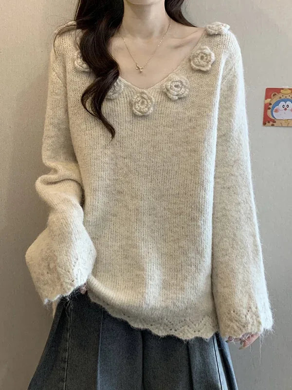 3D Flower Applique V-Neck Soft Knit Sweater