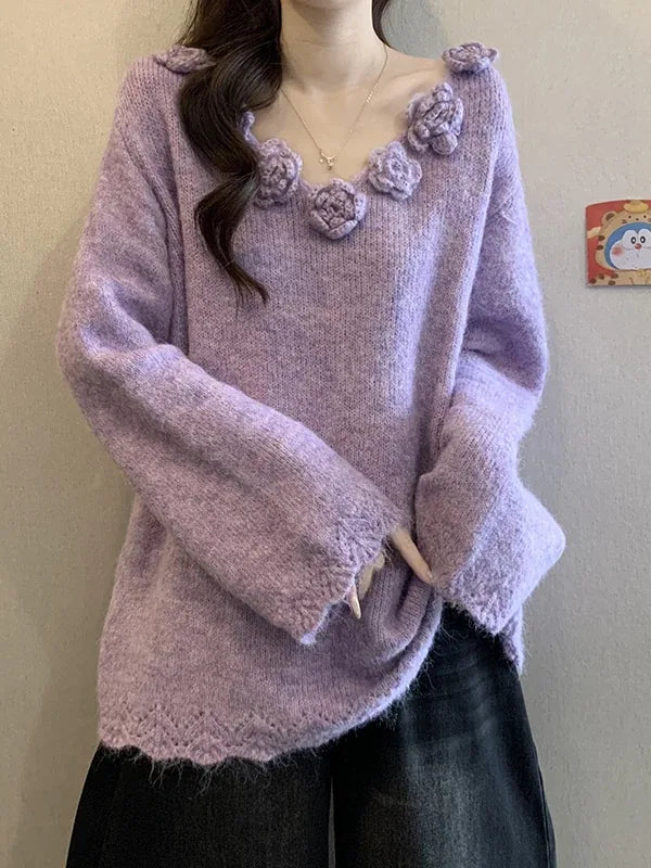 3D Flower Applique V-Neck Soft Knit Sweater