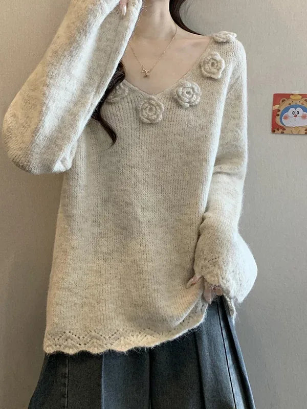 3D Flower Applique V-Neck Soft Knit Sweater