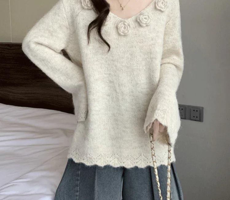3D Flower Applique V-Neck Soft Knit Sweater