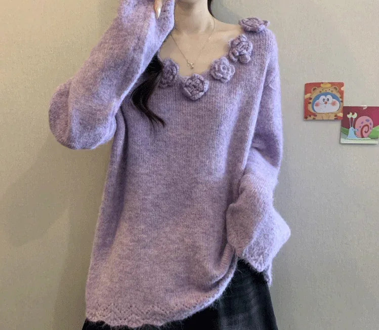 3D Flower Applique V-Neck Soft Knit Sweater