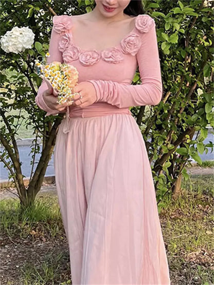 French Style Floral  Decor Long-Sleeve Fitted T-Shirt