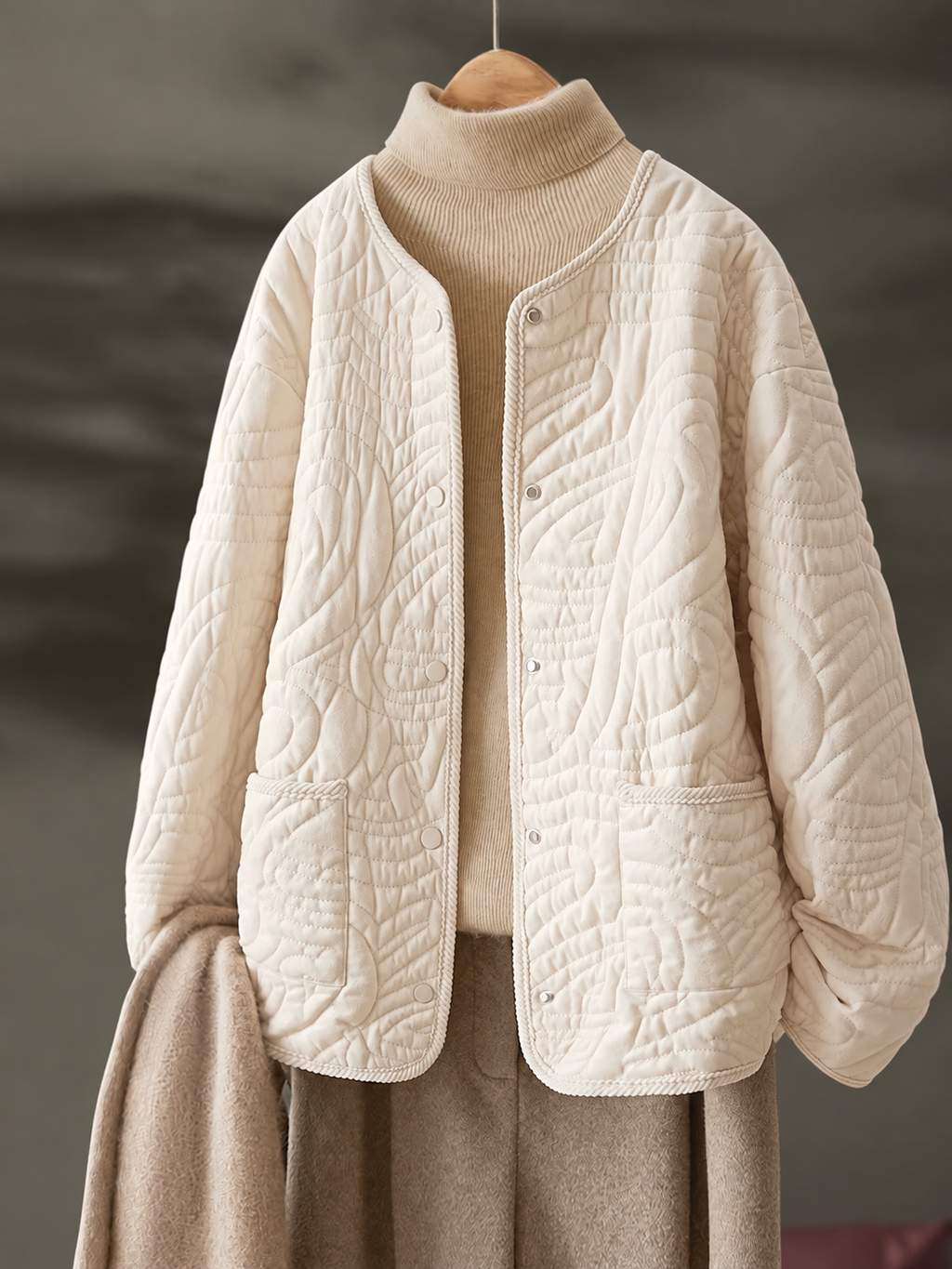 Quilted Padded Jacket with Braided Cord Trim and Snap Closure