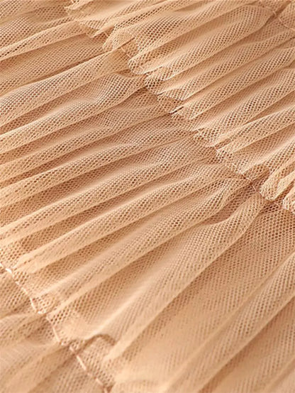 Eleganter, aprikosenfarbener, hochwertiger, mehrlagiger A-Linien-Rock aus Mesh für Damen