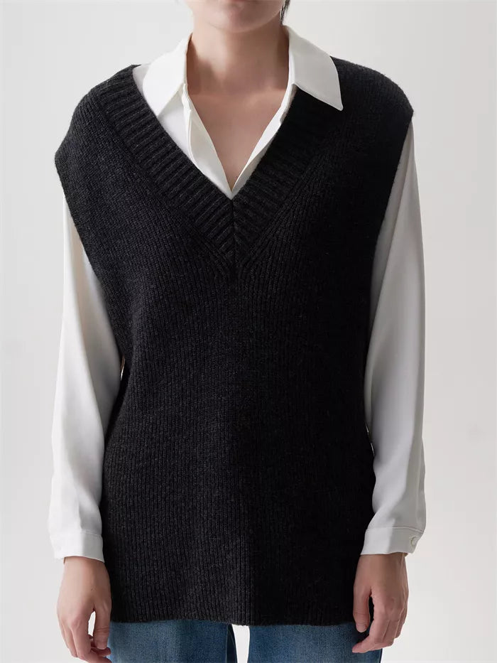 Women's Dark Brown Wool V-Neck Knit Vest Loose Sleeveless Pullover Sweater