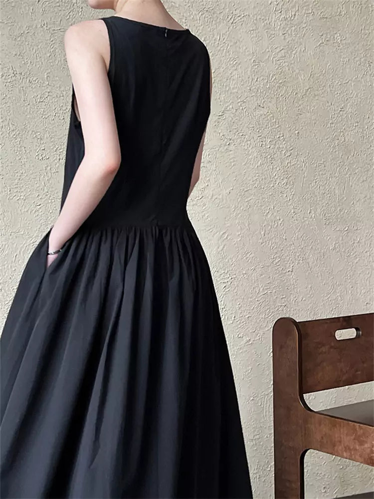 Black Minimalist Chic Pleated Tank A-line Maxi Dress