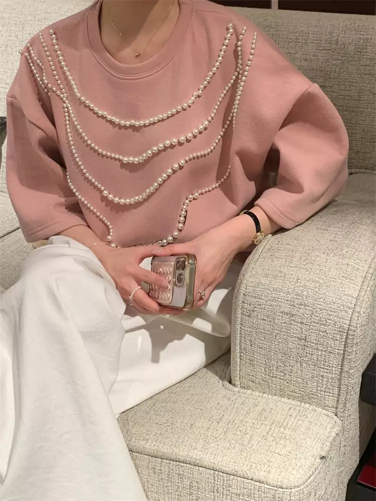 Aprikosenfarbenes, perlenbesetztes Kurzarm-T-Shirt für Damen