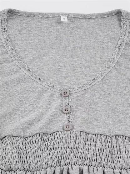 Black Lace Trim V-Neck Smocked Bell Sleeve Top