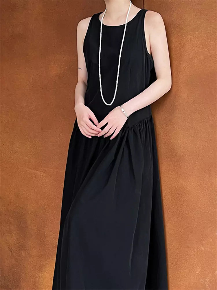 Black Minimalist Chic Pleated Tank A-line Maxi Dress