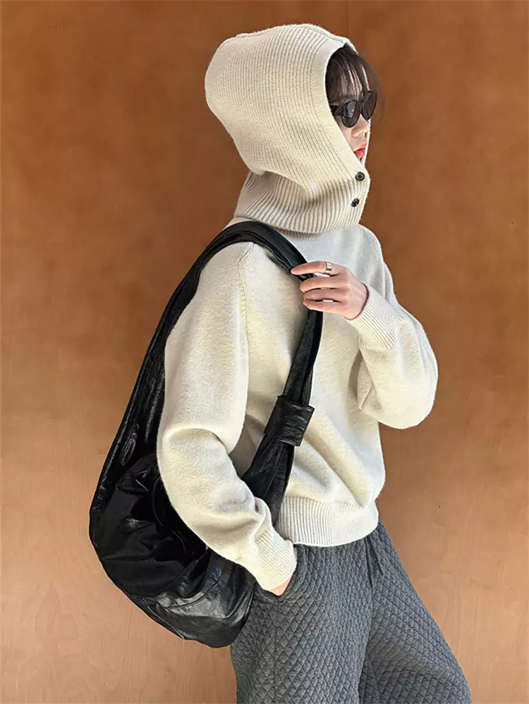 Gelber Damen-Strickpullover mit abnehmbarer Kapuze und Rundhalsausschnitt mit Design