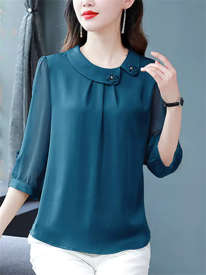 Blusa de seda morera de verano con cuello Peter Pan y mangas 3/4 para mujer